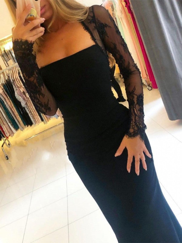 Sheath/Column Crepe Lace Square Long Sleeves Sweep/Brush Train Dresses