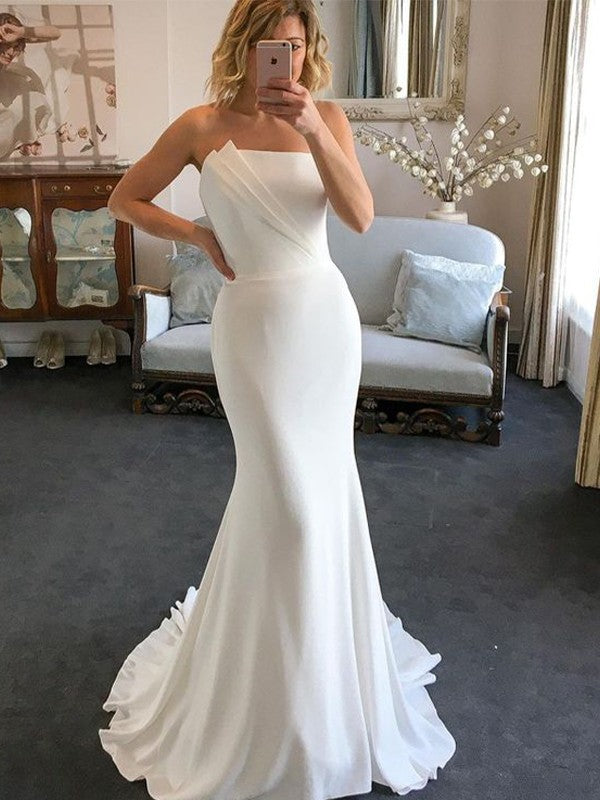 Sheath/Column Crepe Ruched Strapless Sleeveless Sweep/Brush Train Wedding Dresses