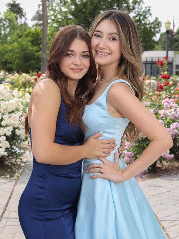 A-Line/Princess Satin Ruffles Straps Sleeveless Court Train Dresses