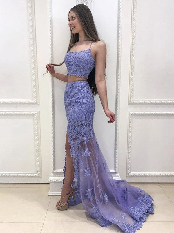 Sheath/Column Lace Applique Spaghetti Straps Sleeveless Sweep/Brush Train Two Piece Dresses