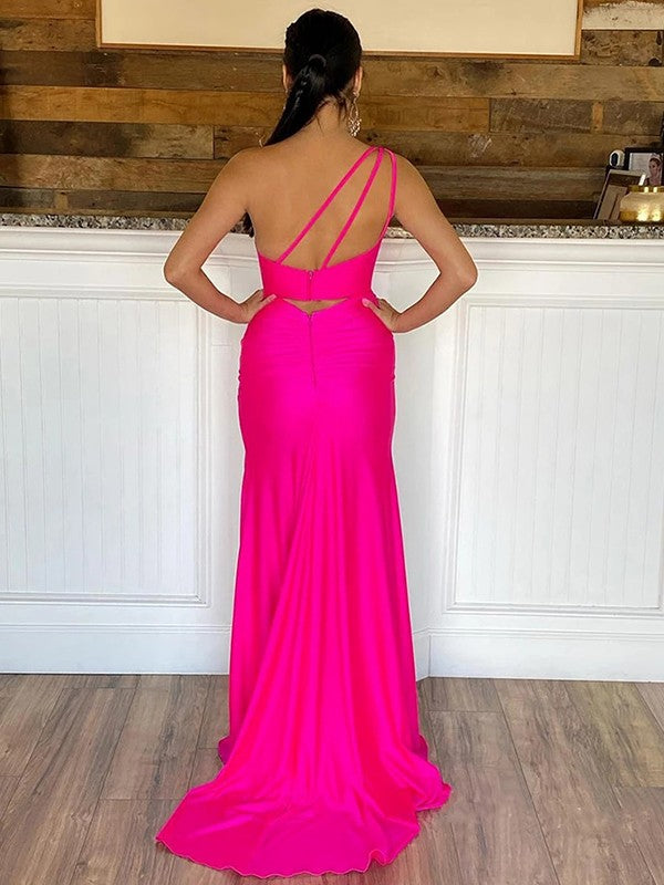 Sheath/Column Woven Satin Ruched One-Shoulder Sleeveless Sweep/Brush Train Dresses