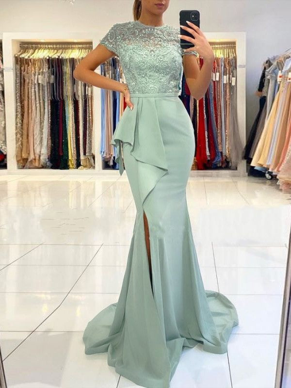 Sheath/Column Crepe Lace Scoop Short Sleeves Sweep/Brush Train Dresses