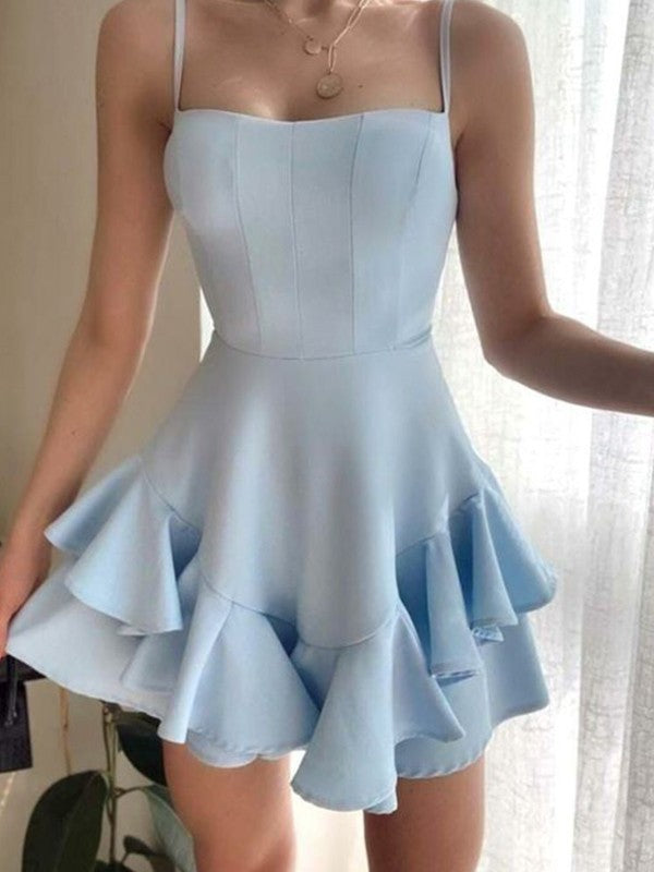 Unique Princess Style Crepe Ruffle Edge Thin Shoulder Strap Sleeveless Short Homecoming Dress