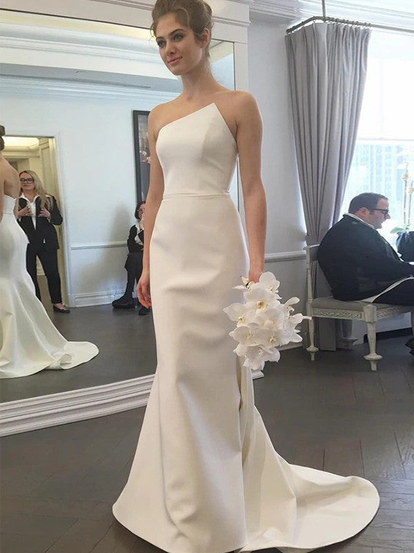 Sheath/Column Crepe Ruffles Strapless Sleeveless Sweep/Brush Train Wedding Dresses