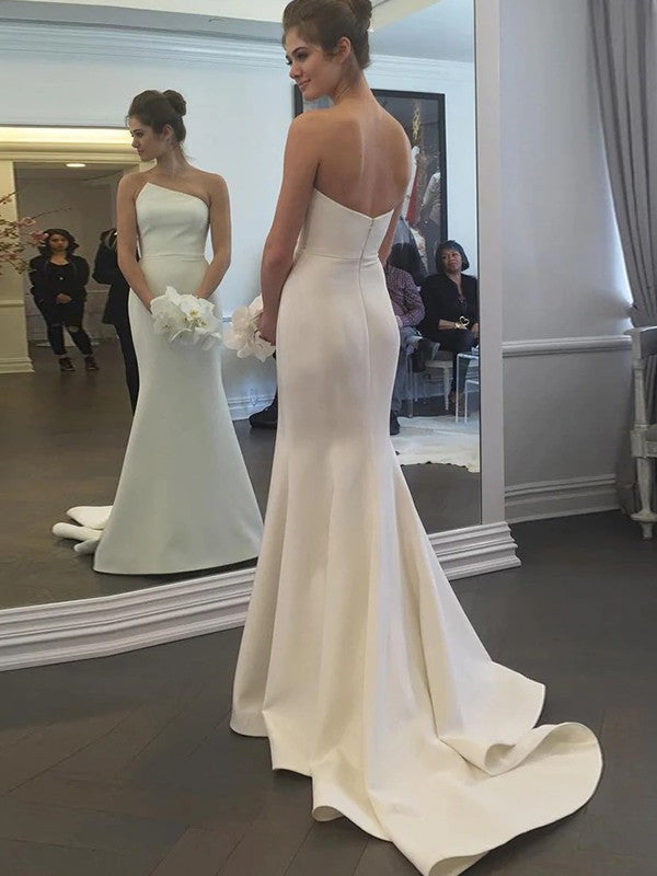 Sheath/Column Crepe Ruffles Strapless Sleeveless Sweep/Brush Train Wedding Dresses