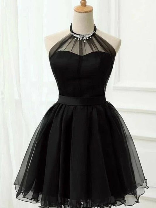 A-shaped princess tulle ruffled neck hanging sleeveless short Homecoming Dress