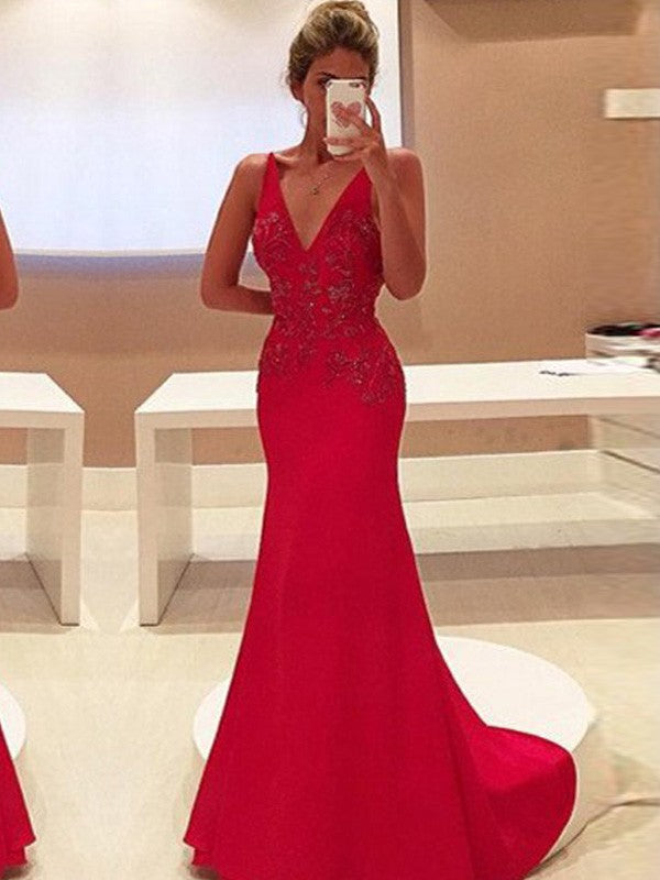 Sheath/Column V-Neck Sleeveless Sweep/Brush Train Applique Crepe Dresses