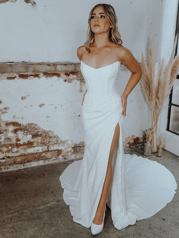 Sheath/Column Crepe Ruched Strapless Sleeveless Court Train Wedding Dresses