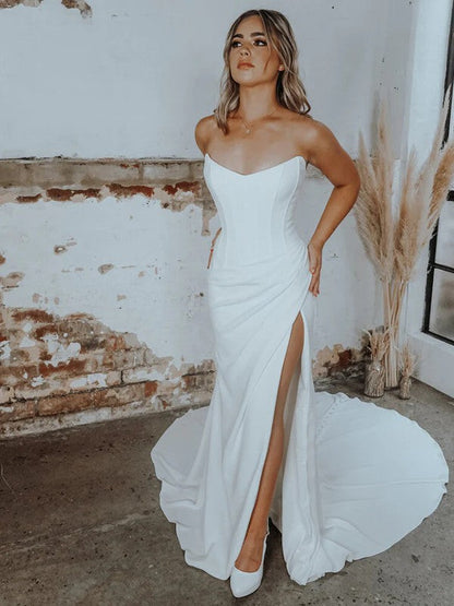 Sheath/Column Crepe Ruched Strapless Sleeveless Court Train Wedding Dresses