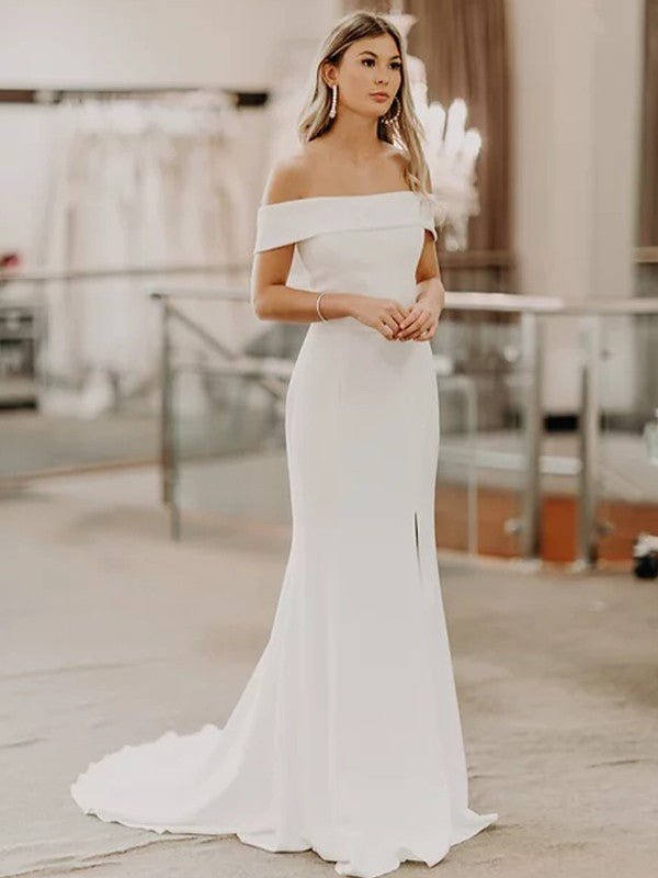 Sheath/Column Crepe Off-the-Shoulder Sleeveless Sweep/Brush Train Wedding Dresses