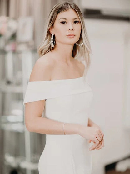 Sheath/Column Crepe Off-the-Shoulder Sleeveless Sweep/Brush Train Wedding Dresses
