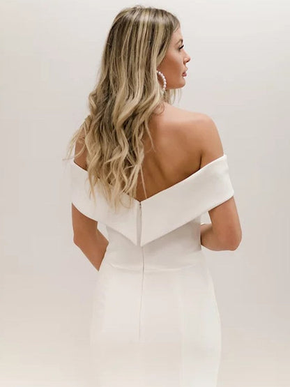 Sheath/Column Crepe Off-the-Shoulder Sleeveless Sweep/Brush Train Wedding Dresses
