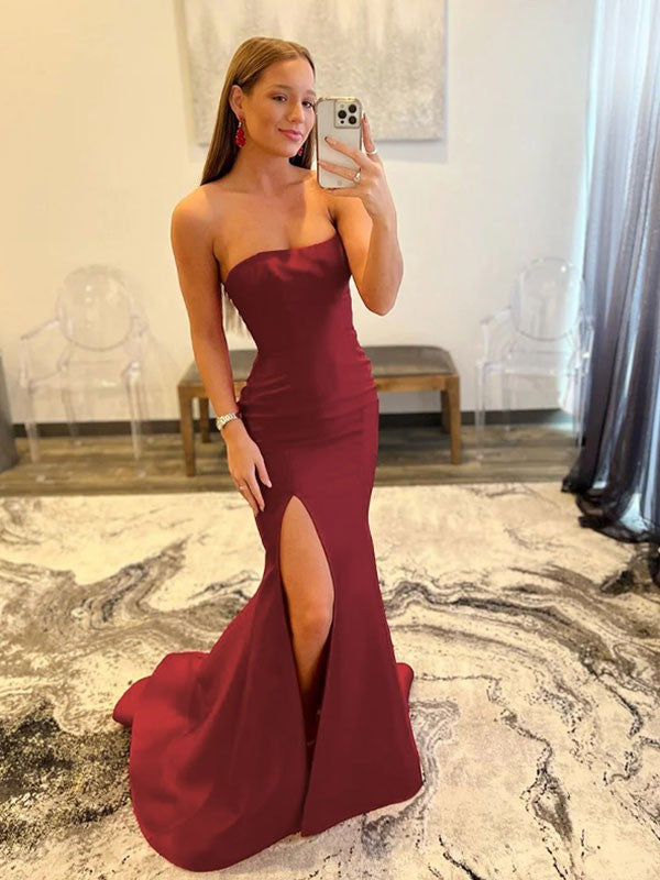 Sheath/Column Crepe Strapless Sleeveless Sweep/Brush Train Dresses