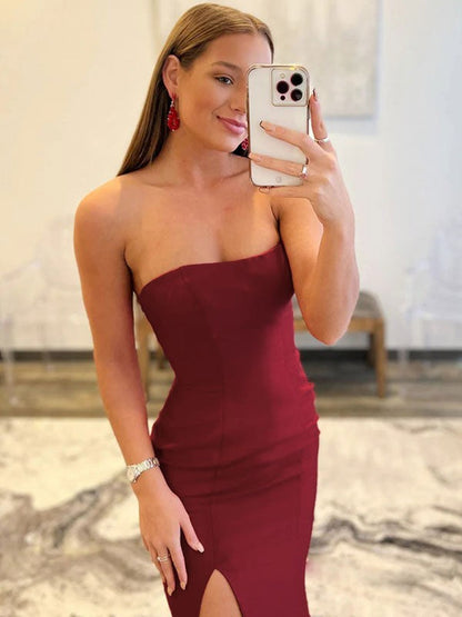 Sheath/Column Crepe Strapless Sleeveless Sweep/Brush Train Dresses