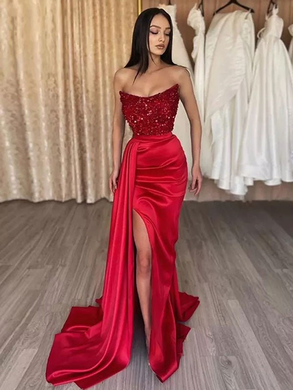 Sheath/Column Woven Satin Sequin Strapless Sleeveless Sweep/Brush Train Dresses