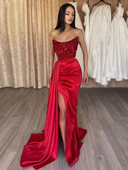 Sheath/Column Woven Satin Sequin Strapless Sleeveless Sweep/Brush Train Dresses