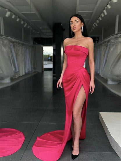 Sheath/Column Woven Satin Ruched Strapless Sleeveless Sweep/Brush Train Dresses