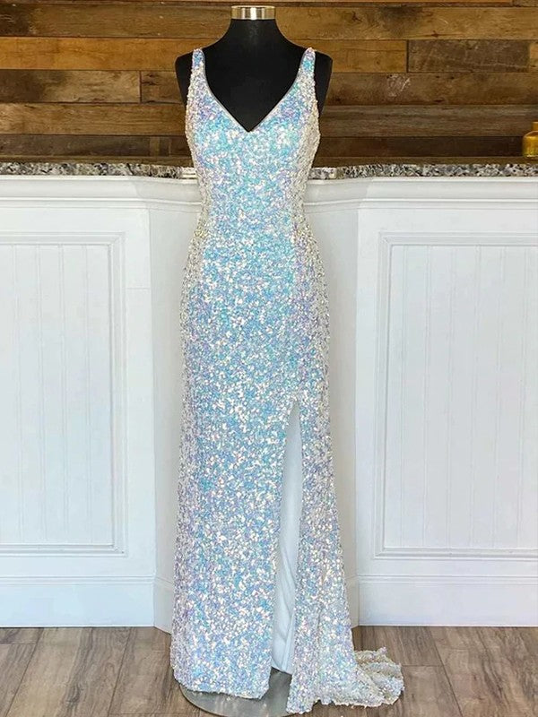 Sheath/Column Velvet Sequins V-neck Sleeveless Sweep/Brush Train Dresses