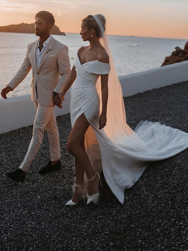 Sheath/Column Crepe Ruched Off-the-Shoulder Sleeveless Chapel Train Wedding Dresses