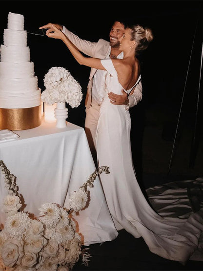 Sheath/Column Crepe Ruched Off-the-Shoulder Sleeveless Chapel Train Wedding Dresses