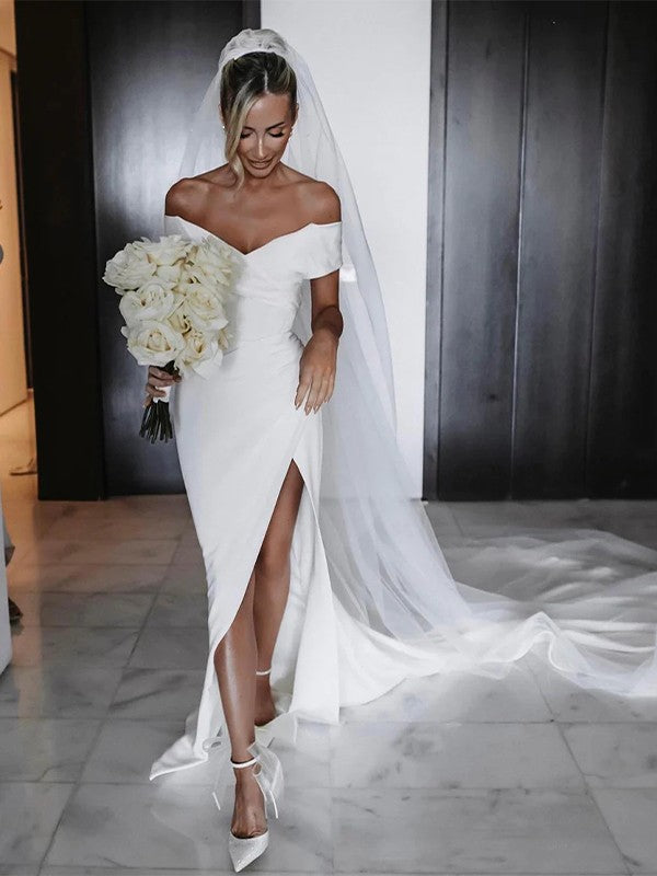 Sheath/Column Crepe Ruched Off-the-Shoulder Sleeveless Chapel Train Wedding Dresses