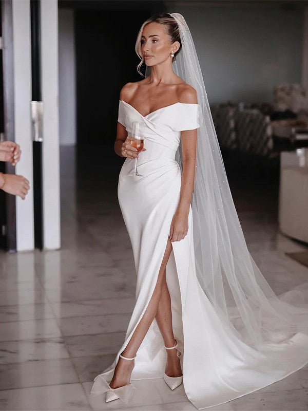 Sheath/Column Crepe Ruched Off-the-Shoulder Sleeveless Chapel Train Wedding Dresses