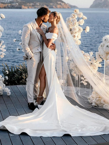 Sheath/Column Crepe Ruched Off-the-Shoulder Sleeveless Chapel Train Wedding Dresses