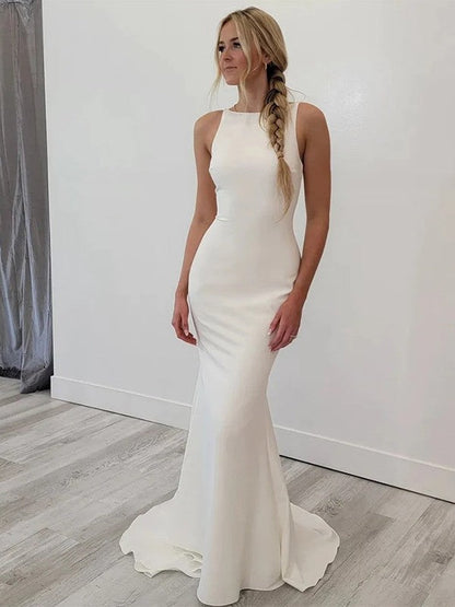 Sheath/Column Crepe Bateau Sleeveless Sweep/Brush Train Wedding Dresses