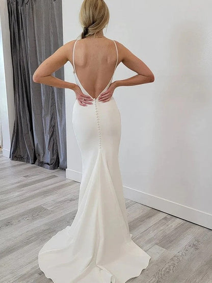 Sheath/Column Crepe Bateau Sleeveless Sweep/Brush Train Wedding Dresses