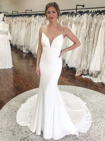 Sheath/Column Crepe Ruched V-neck Sleeveless Court Train Wedding Dresses