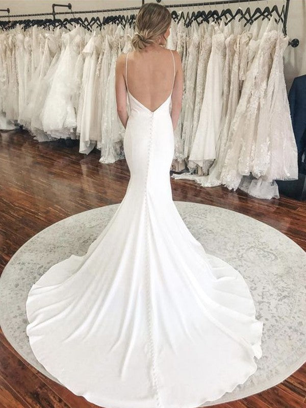 Sheath/Column Crepe Ruched V-neck Sleeveless Court Train Wedding Dresses