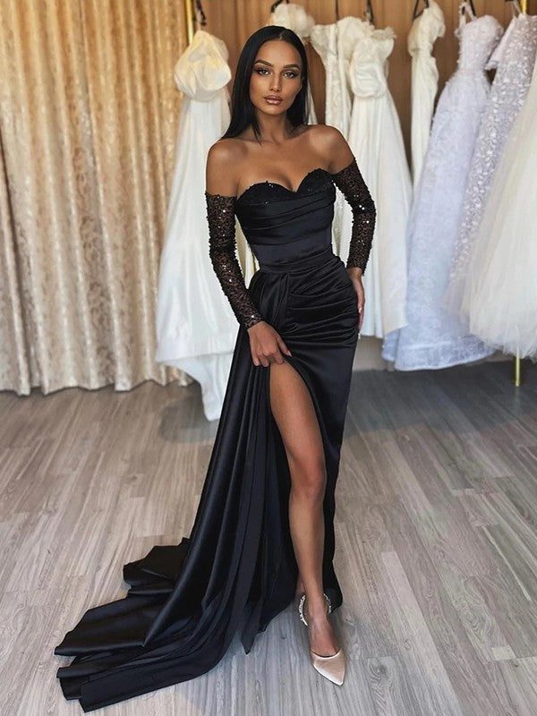 Sheath/Column Woven Satin Ruched Off-the-Shoulder Long Sleeves Sweep/Brush Train Dresses