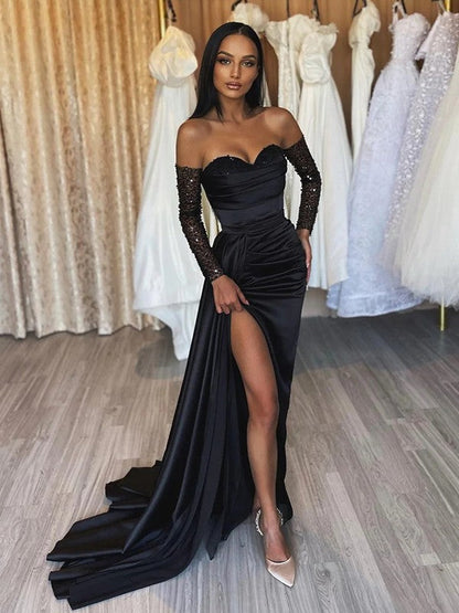 Sheath/Column Woven Satin Ruched Off-the-Shoulder Long Sleeves Sweep/Brush Train Dresses