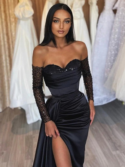 Sheath/Column Woven Satin Ruched Off-the-Shoulder Long Sleeves Sweep/Brush Train Dresses