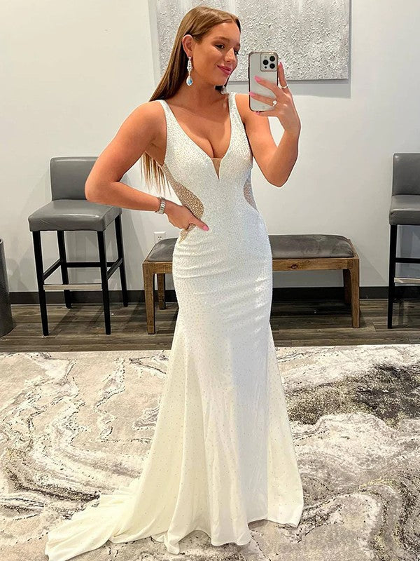 Sheath/Column Crepe Rhinestone V-neck Sleeveless Sweep/Brush Train Dresses