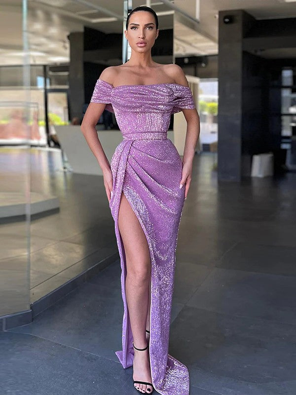 Sheath/Column Ruched Off-the-Shoulder Sleeveless Sweep/Brush Train Dresses