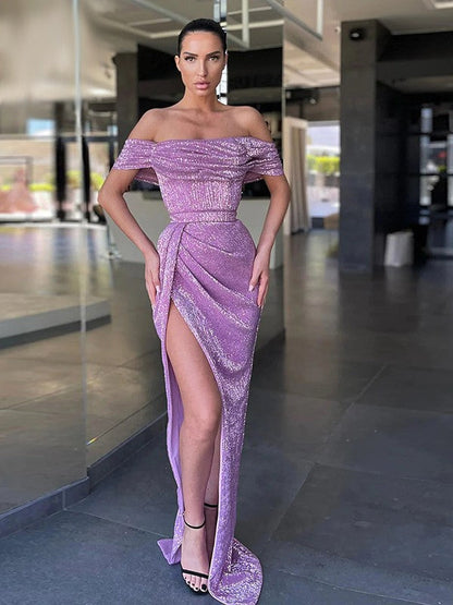 Sheath/Column Ruched Off-the-Shoulder Sleeveless Sweep/Brush Train Dresses