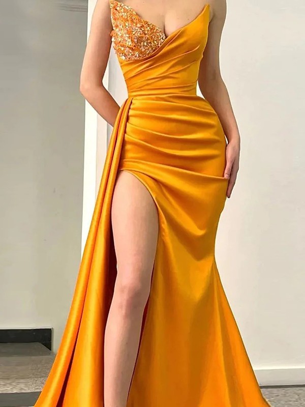 Sheath/Column Woven Satin Ruched Sweetheart Sleeveless Court Train Dresses