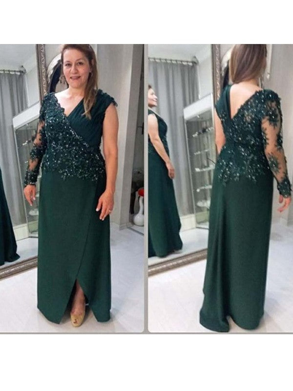 A-Line/Princess Crepe Applique V-neck Long Sleeves Floor-Length Mother of the Bride Dresses