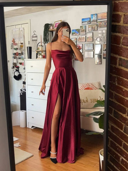 A-Line/Princess Silk like Satin Ruffles Spaghetti Straps Sleeveless Floor-Length Dresses