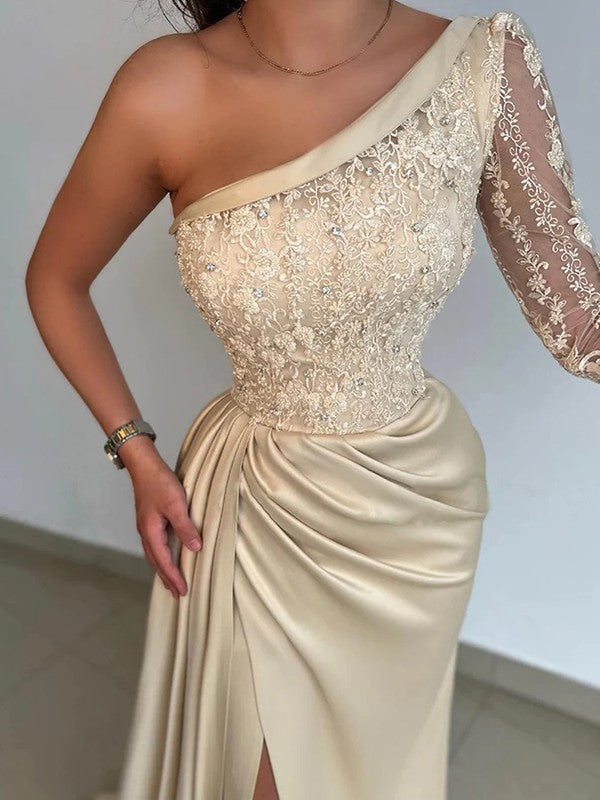 Sheath/Column Woven Satin Lace One-Shoulder Long Sleeves Sweep/Brush Train Dresses
