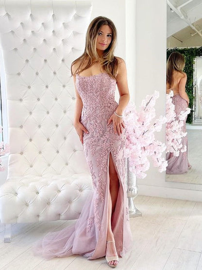 Sheath/Column Tulle Applique Spaghetti Straps Sleeveless Sweep/Brush Train Dresses