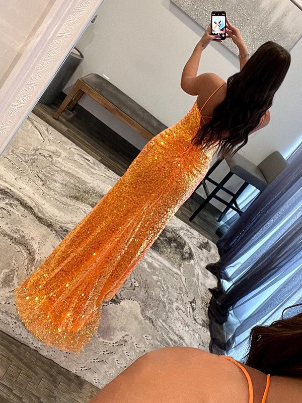 Sheath/Column Sequins V-neck Sleeveless Sweep/Brush Train Dresses