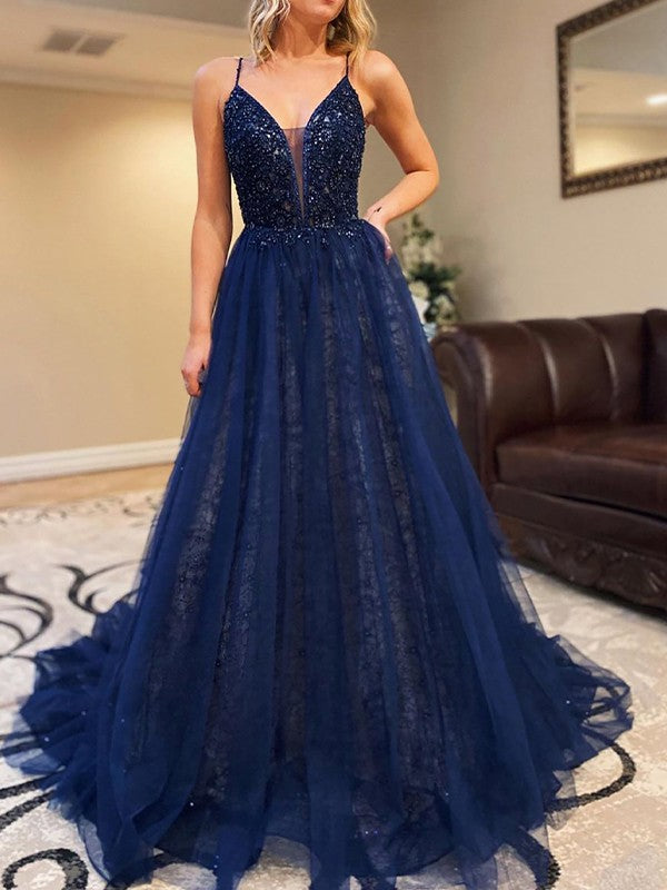 A-Line/Princess Tulle Beading V-neck Sleeveless Court Train Dresses
