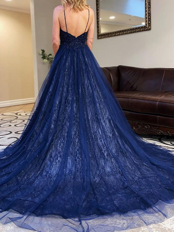 A-Line/Princess Tulle Beading V-neck Sleeveless Court Train Dresses