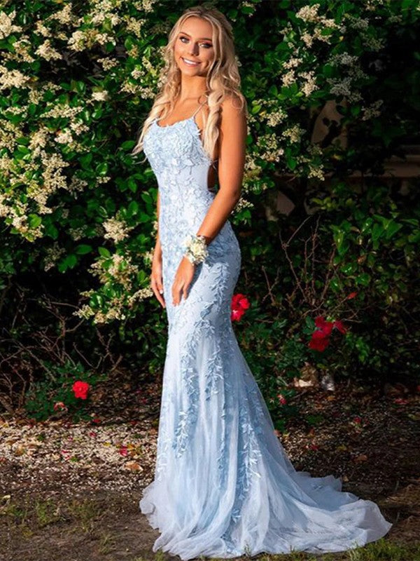 Sheath/Column Lace Applique Spaghetti Straps Sleeveless Sweep/Brush Train Dresses