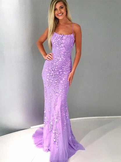 Sheath/Column Lace Applique Spaghetti Straps Sleeveless Sweep/Brush Train Dresses