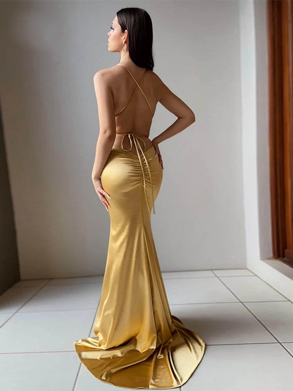 Sheath/Column Woven Satin V-neck Sleeveless Sweep/Brush Train Dresses