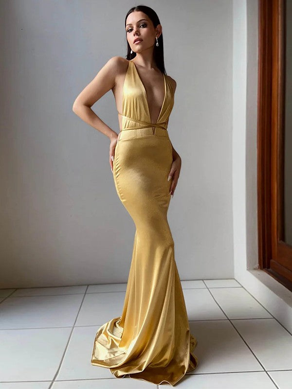 Sheath/Column Woven Satin V-neck Sleeveless Sweep/Brush Train Dresses