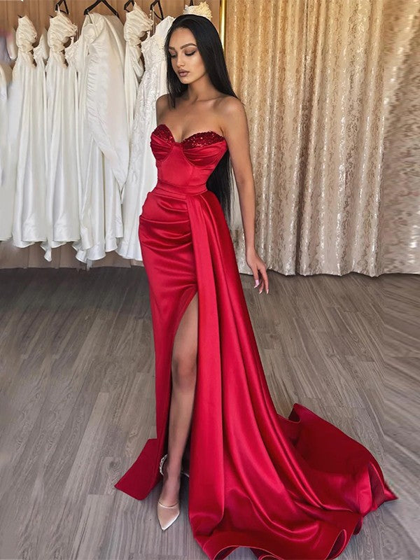 Sheath/Column Woven Satin Ruched Sweetheart Sleeveless Sweep/Brush Train Dresses